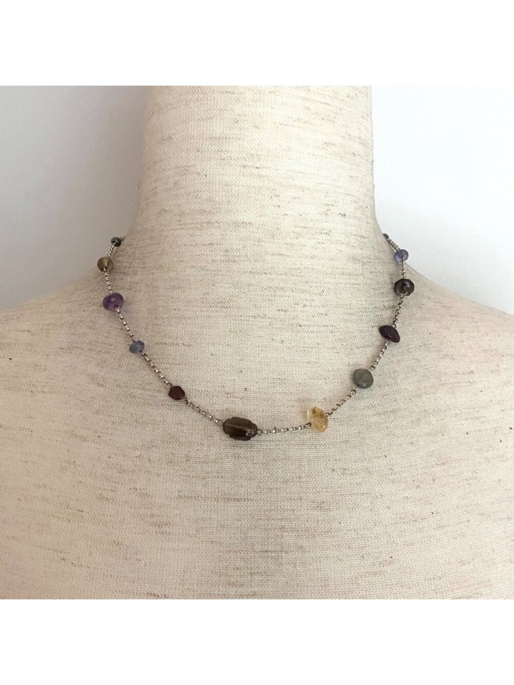 Sterling Silver 925 Stationed Multi Gemstone Rolo Chain Necklace Necklace 16"